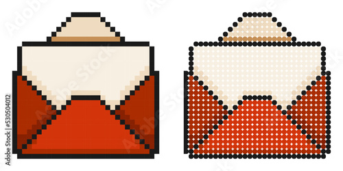 Pixel icon. Festive envelope with white sheet of paper inside. Greeting card or letter for holiday. Simple retro game vector isolated on white background