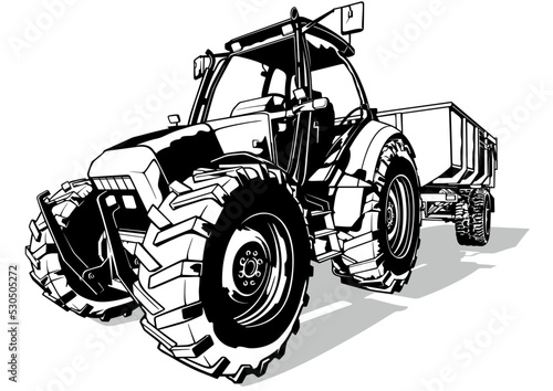 Drawing of an Agricultural Tractor with a Trailer - Black Illustration Isolated on White Background, Vector