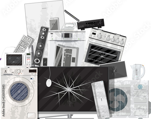 E-waste electrical and electronic equipment pile photo