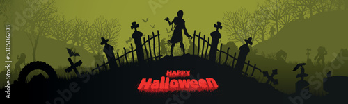 Cemetery with monsters and zombies. Happy Halloween, scary cemetery theme. Vector graphics