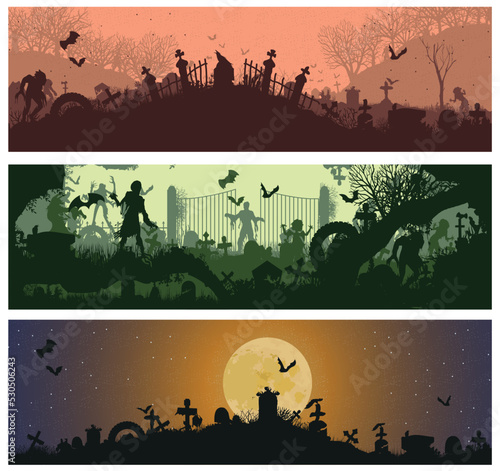 Set of panoramas with cemeteries. Halloween theme of scary cemeteries. vector graphics