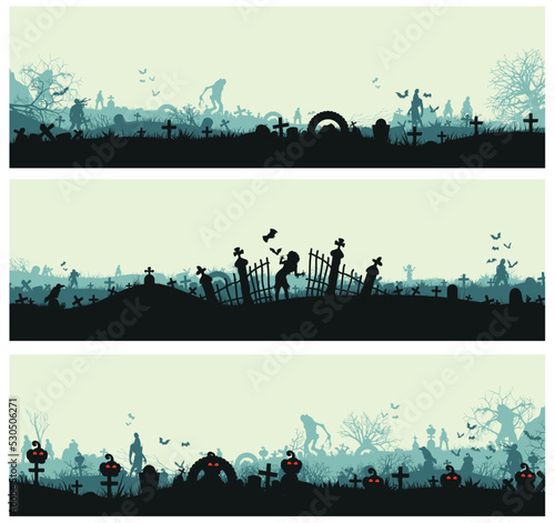 Set of panoramas with cemeteries. Halloween theme of scary cemeteries. vector graphics