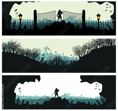 Set of panoramas with cemeteries. Halloween theme of scary cemeteries. vector graphics