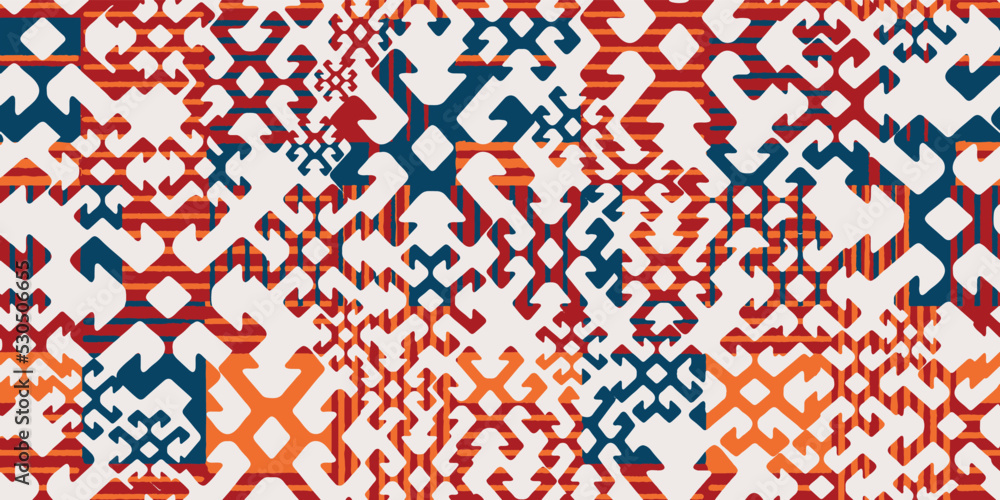 Fototapeta premium Seamless pattern in patchwork style. Embroidered print for carpet, textile, wallpaper, wrapping paper. Ethnic and tribal motifs. Handwork. Vector illustration.