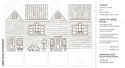 Kids craft paper house coloring page. Cut and glue cartoon 3D toy doll house. Printable template