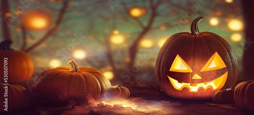 Halloween spooky background  jack o lantern pumpkin scene. Scary creepy forest in october dark night autumn gloomy landscape with trees and bokeh blurry lights. Happy Halloween backdrop concept.