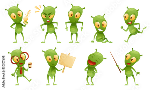 Funny Green Alien Character with Big Eyes and Small Antenna on Head Engaged in Different Action Vector Set