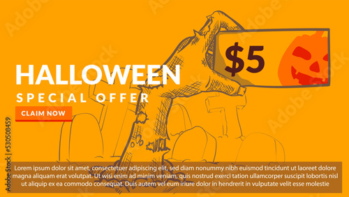 halloween special offer concept. zombie hand holding voucher. vector illustration