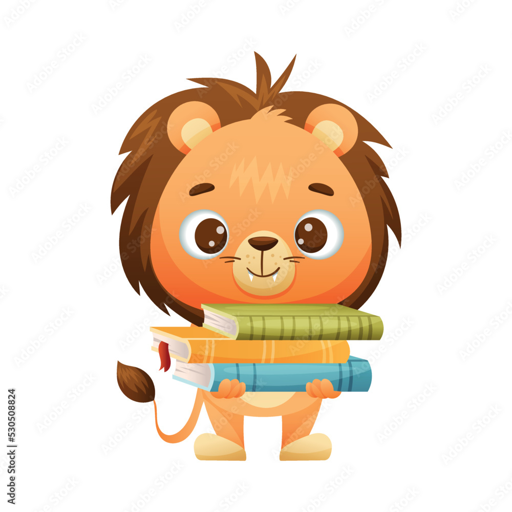 Obraz premium Cute Lion Animal Carrying Pile of Books in Hard Cover for Reading Vector Illustration