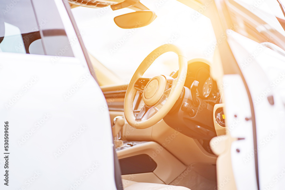 multimedia control panel on the steering wheel of a modern car - obrazy, fototapety, plakaty 