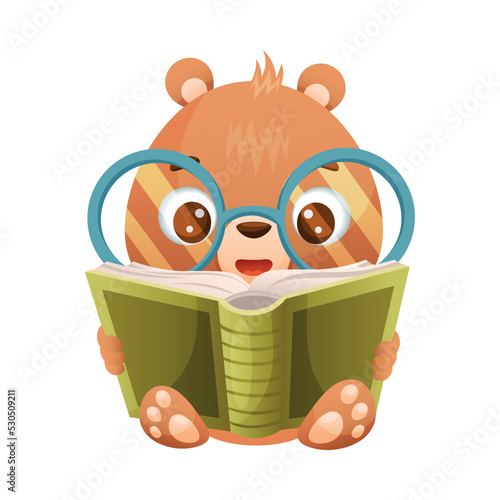 Cute Bear Animal Reading Book in Hard Cover Enjoying Interesting Story Vector Illustration