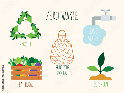 Zero waste element collection. Zero waste, go green, save water, bring your own bag, eat local and recycle text. Vector illustration flat design style. 