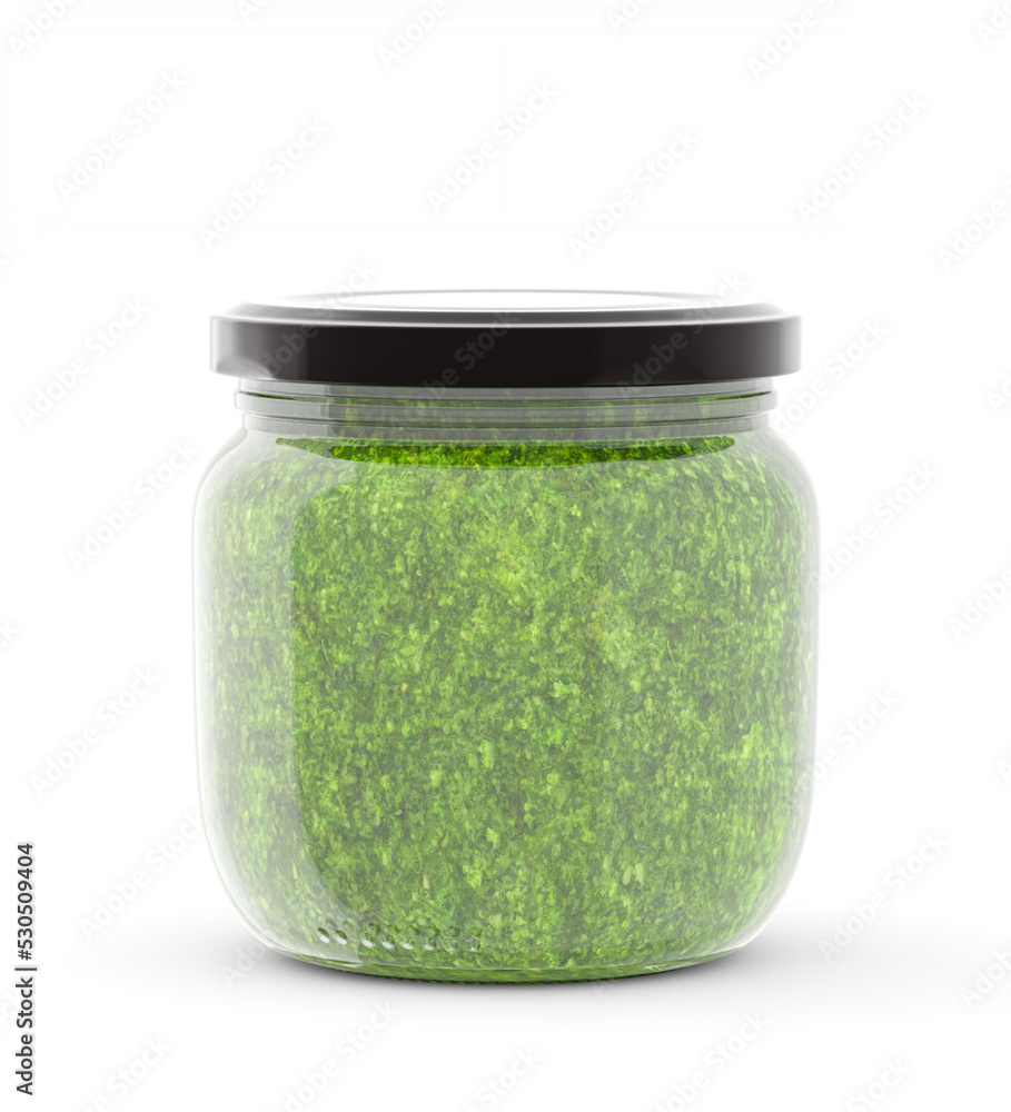 Empty packaging, mockup. Glass jar 250 ml with green pesto on a white background. 3d illustration, 3d render Empty packaging, mockup. Glass jar 250 ml with green pesto on a white background. 3d illustration, 3d render