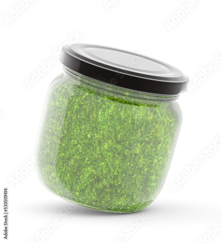Empty packaging, mockup. Glass jar 250 ml with green pesto on a white background. 3d illustration, 3d render