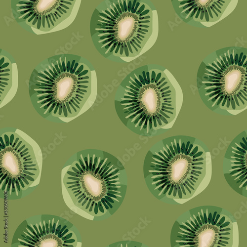  Vector pattern of kiwi slices on a green background.