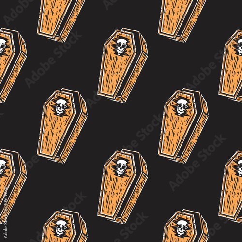 vintage seamless pattern of skull in coffin