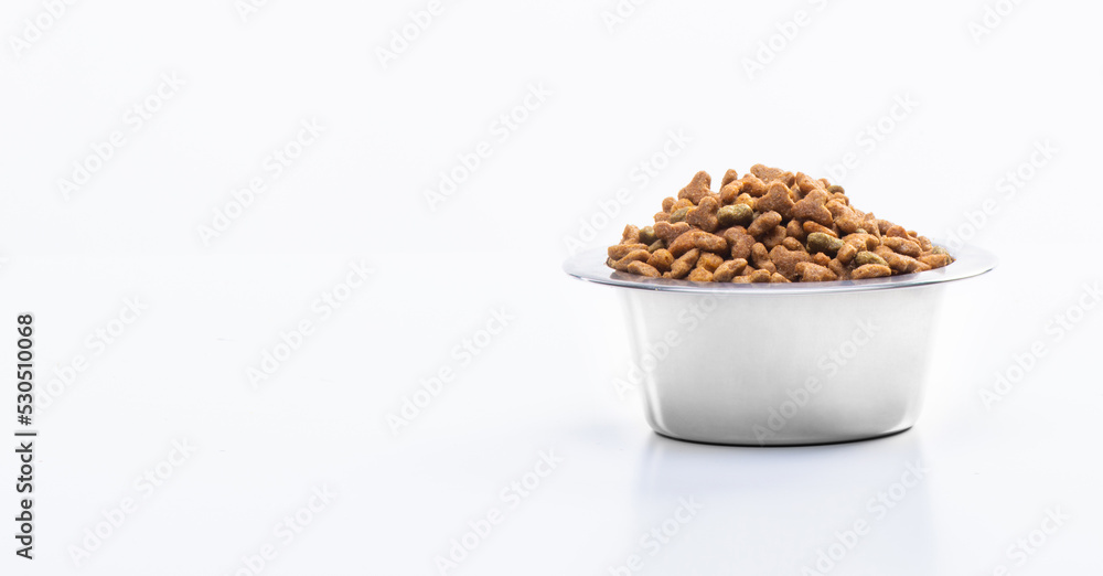 Dry granulated food in a metal bowl for cats and dogs. Animal care, vitamins and balanced pet nutrition. Dry granulated food in a metal bowl for cats and dogs. Animal care, vitamins and balanced pet nutrition.