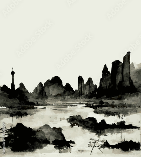 Rocky mountain landscape on the shore of a lake or sea. Vector illustration in chinese or japanese traditional art style, sumi-e.