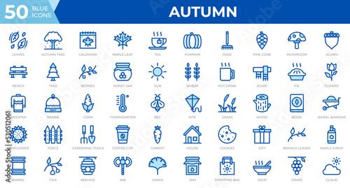 Set of 50 Autumn icons in line blue style. Leaves, berries, sweater. Outline icons collection. Vector illustration