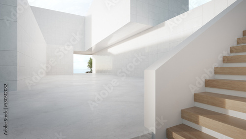Empty white concrete floor in minimal architecture. 3d rendering of abstract gray building with beach and sea view background.