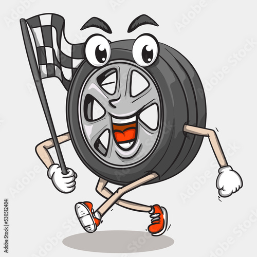 smile face tyre character running holding race flag. funky tire mascot icon illustration