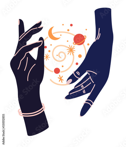 Magic woman hands with moon phases. Alchemy esoteric mystical magic celestial talisman with woman hand. Spiritual occultism object. Hand drawn vector illustrations isolated