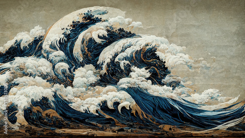 Leinwand Poster Great ocean wave as Japanese vintage style illustration