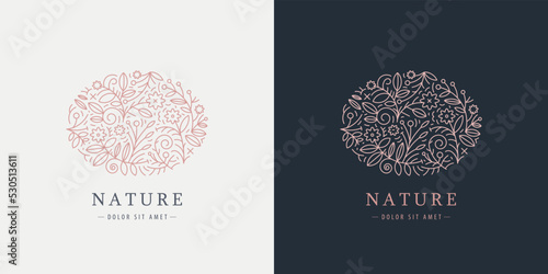 Vector linear plant logo. Ellipse luxury organic emblem. Abstract badge for natural products, flower shop, cosmetics, ecology concepts, health, spa, yoga center. Leaves and florals icon.