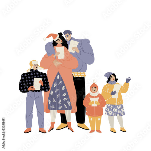 Happy family in warm winter clothes sing Christmas songs