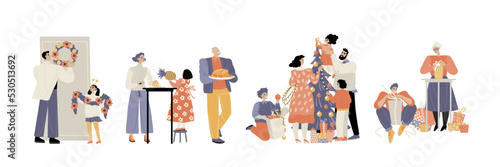 A large family and their friends are preparing for Christmas, decorating the house and the Christmas tree, preparing dinner and packing presents