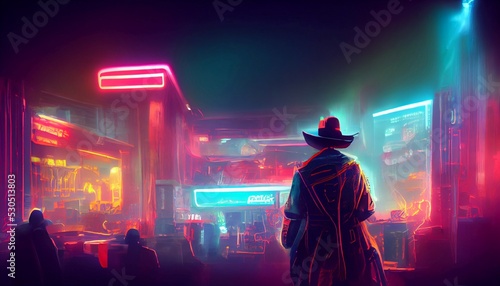 A cyberpunk cowboy in a futuristic bar