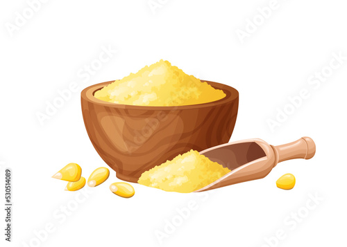 Corn flour in wooden bowl with seeds. Healthy gluten free food. Powde in organic product. Vector illustration isolated on white background