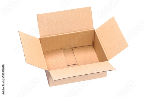 Top view of opened packaging cardboard box isolated on a transparent background.