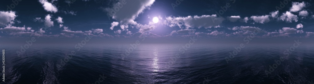 Night sea, seascape under the moon, night sky with clouds and moon above the water surface, 3d rendering