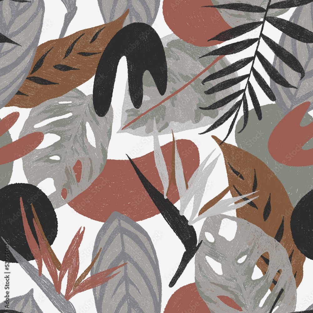 Obraz premium Tropical seamless pattern. Hand drawn exotic leaves and flowers on white background.