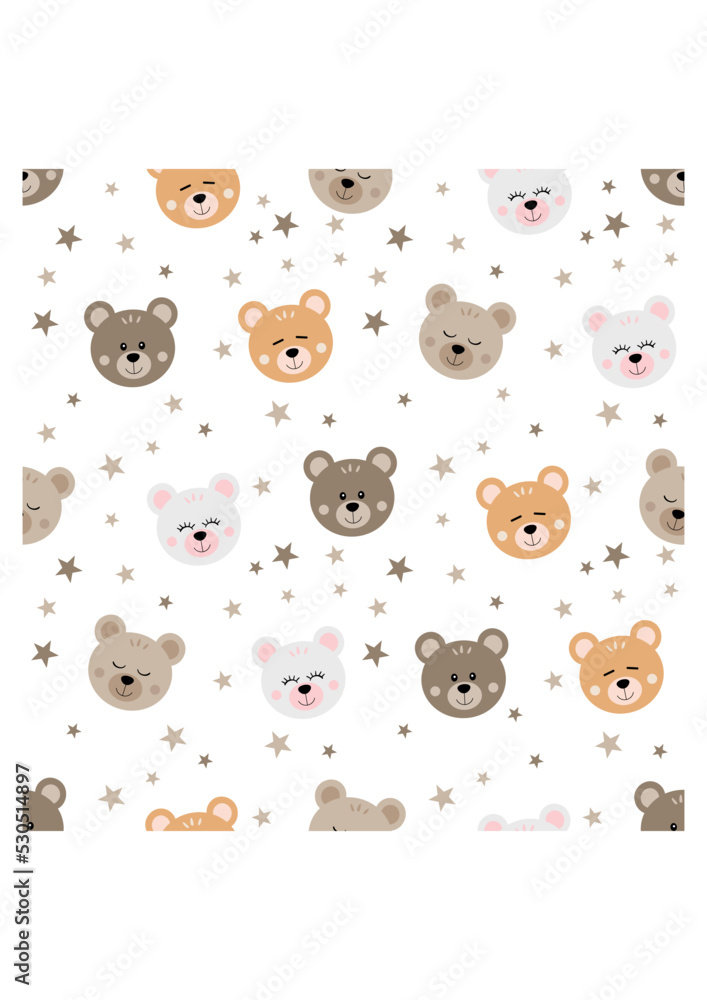 Fototapeta premium Seamless pattern with cute teddy bear face and stars