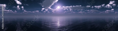 Night sea, seascape under the moon, night sky with clouds and moon above the water surface, 3d rendering