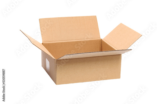 Isolated opened packaging cardboard box in close-up on a transparent background.