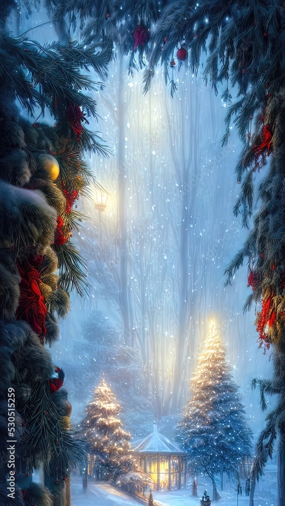 Fototapeta premium New Year's winter garden with decorated Christmas trees, lights, garlands. Festive New Year decorations, festive city. Christmas lanterns, decorated street, winter, snow, postcard. 3D illustration