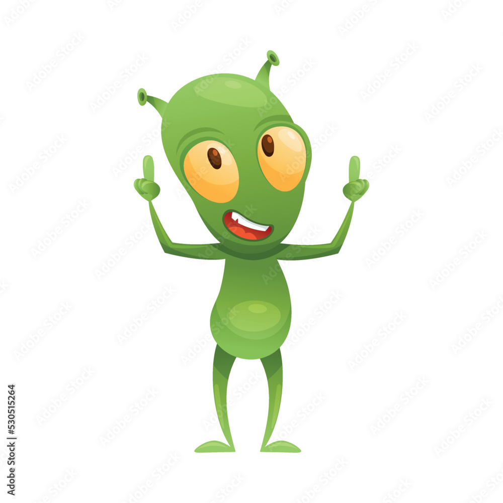 Funny Green Alien Character with Big Eyes and Small Antenna on Head Pointing Finger Up Vector Illustration Funny Green Alien Character with Big Eyes and Small Antenna on Head Pointing Finger Up Vector Illustration