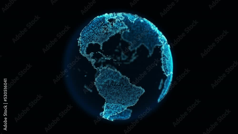Digital dotted planet earth loop animation isolated on a black background. Rotating stylized world globe with glowing particle dots. Big data technology, business, communication, or digital concept