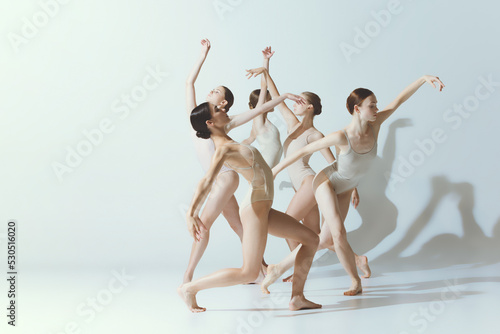 Group of young women, ballerinas dancing, performing isolated over grey studio background. Tender movements