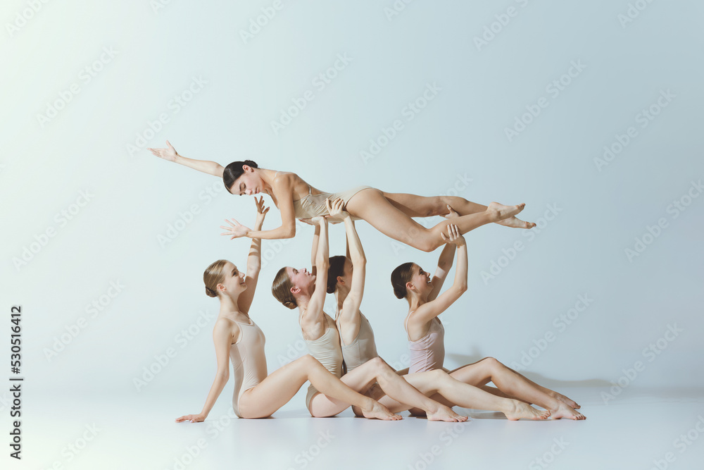Obraz premium Group of young girls, ballet dancers performing, posing isolated over grey studio background. Lying on hands