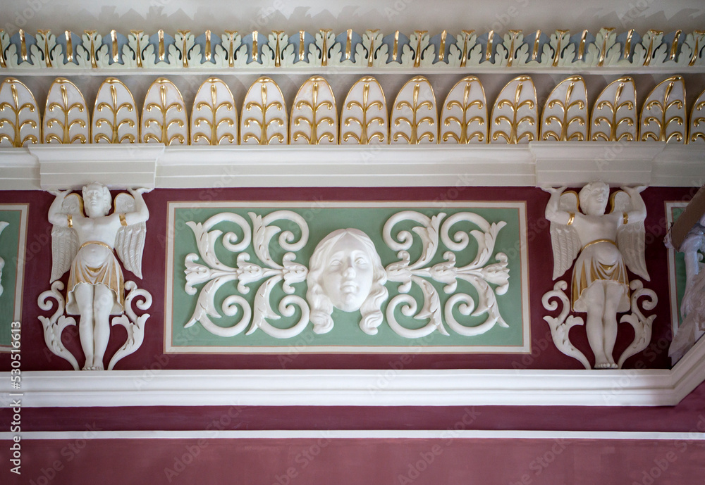 Luxurious wide multi-figured bas-relief frieze. Bulgakov Palace. Zhilichi. Mogilev region. Belarus - obrazy, fototapety, plakaty 