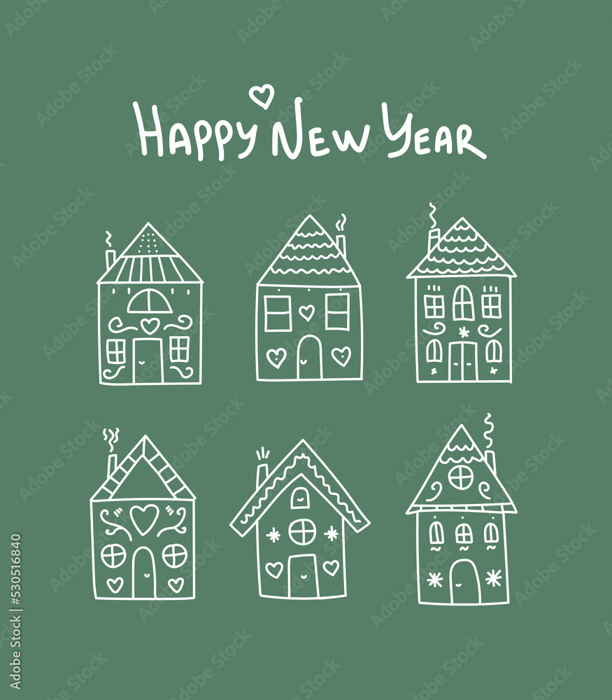 New Year card. Drawn doodle houses on a postcard for Christmas, New Year. Cute christmas illustration.