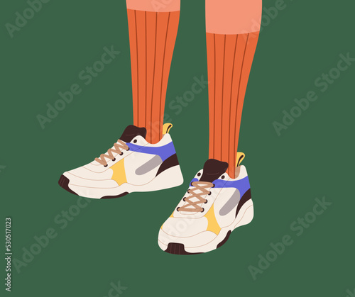 Fashion sneakers and long socks on women feet. Modern trendy sport shoes, girls athletic footwear on female legs. Stylish sporty comfortable leather footgear model. Colored flat vector illustration