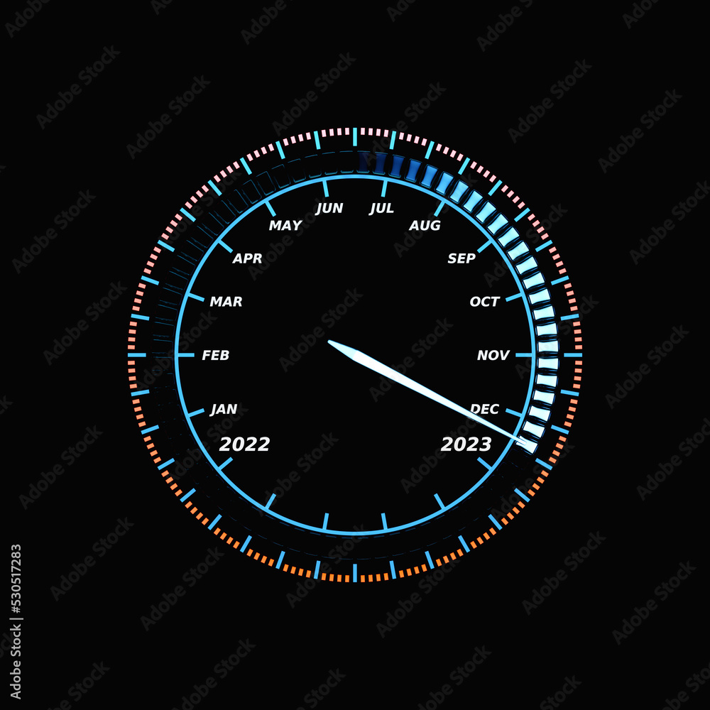 3D illustration close up black speedometer with cutoffs 2022,2023. The concept of the new year and Christmas in the automotive field. Counting months, time until the new year. 3D illustration close up black speedometer with cutoffs 2022,2023. The concept of the new year and Christmas in the automotive field. Counting months, time until the new year.
