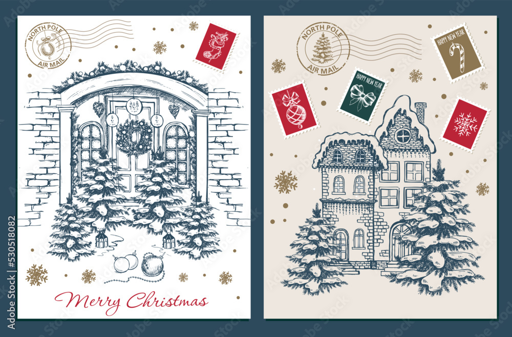 Door decoration. Christmas card poster banner. Hand drawn illustration. Vector.