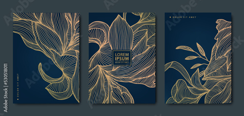 Vector japanese background with Gold texture. Luxury black wavy line pattern. Premium backdrop for business layout, texture for print, poster, book, cover. Leaves, flowers, plant, nature.