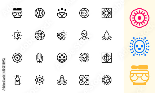 Pack d'icônes sur le thème du bien-être, détente zen méditation respiration, mandala de fleurs, bol tibétain, lotus, lune, soleil, flacon d'huiles essentielles, vecteur modifiable